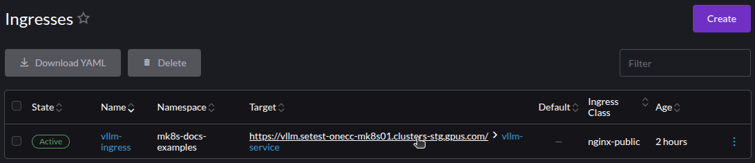 Screenshot of the vLLM Ingress in the Rancher Dashboard